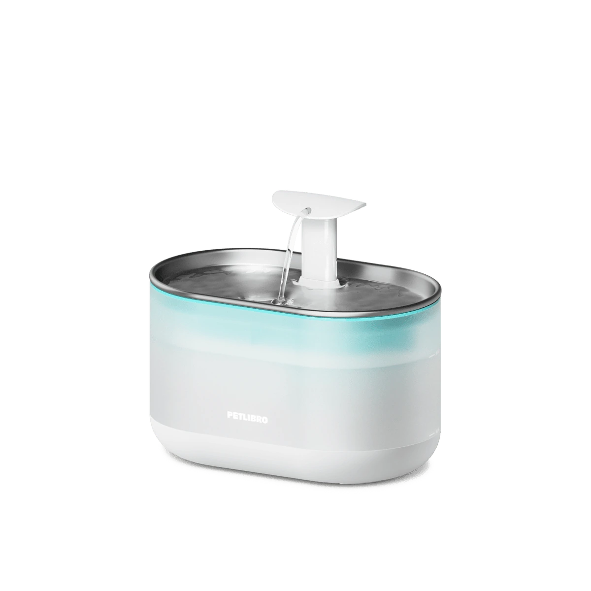 PETLIBRO Capsule Water Fountain PLWF002, white low cylindrical fountain with aqua band, stainless-look drinking tray and raised spout