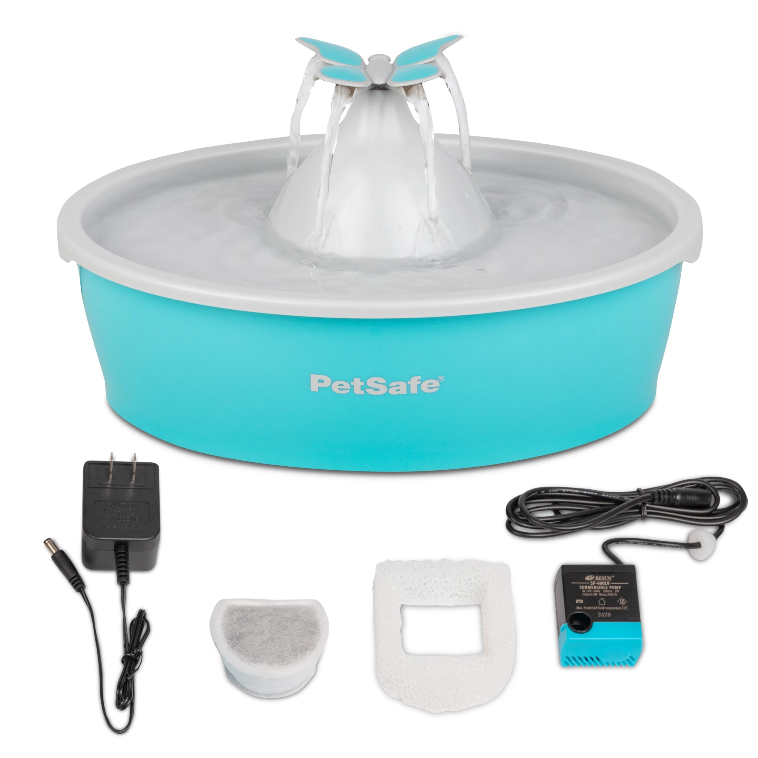 PetSafe Drinkwell Butterfly Pet Fountain PWW00-16928 with turquoise bowl, white tray and butterfly topper.
