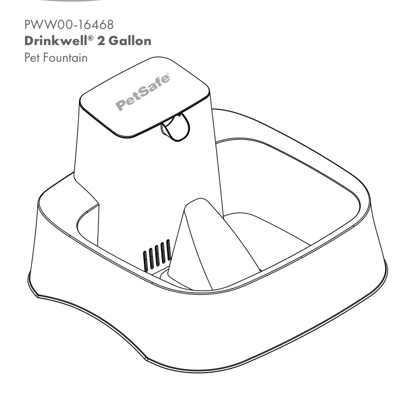 Official PetSafe quick-start illustration labelled PWW00-16468, Drinkwell 2 Gallon Pet Fountain