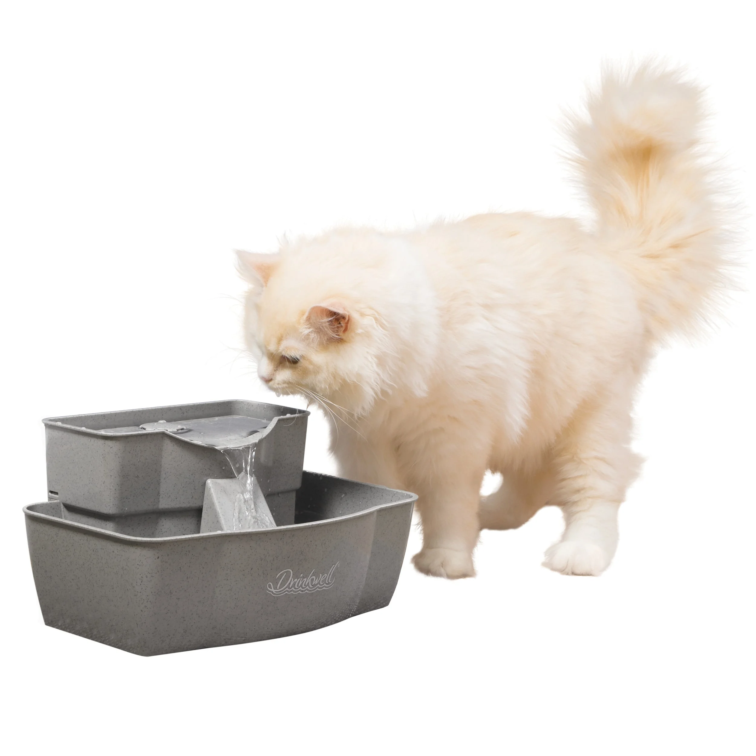 PetSafe Drinkwell Multi-Tier PWW00-13708 gray speckled fountain with upper and lower bowls and one stream beside a cat.