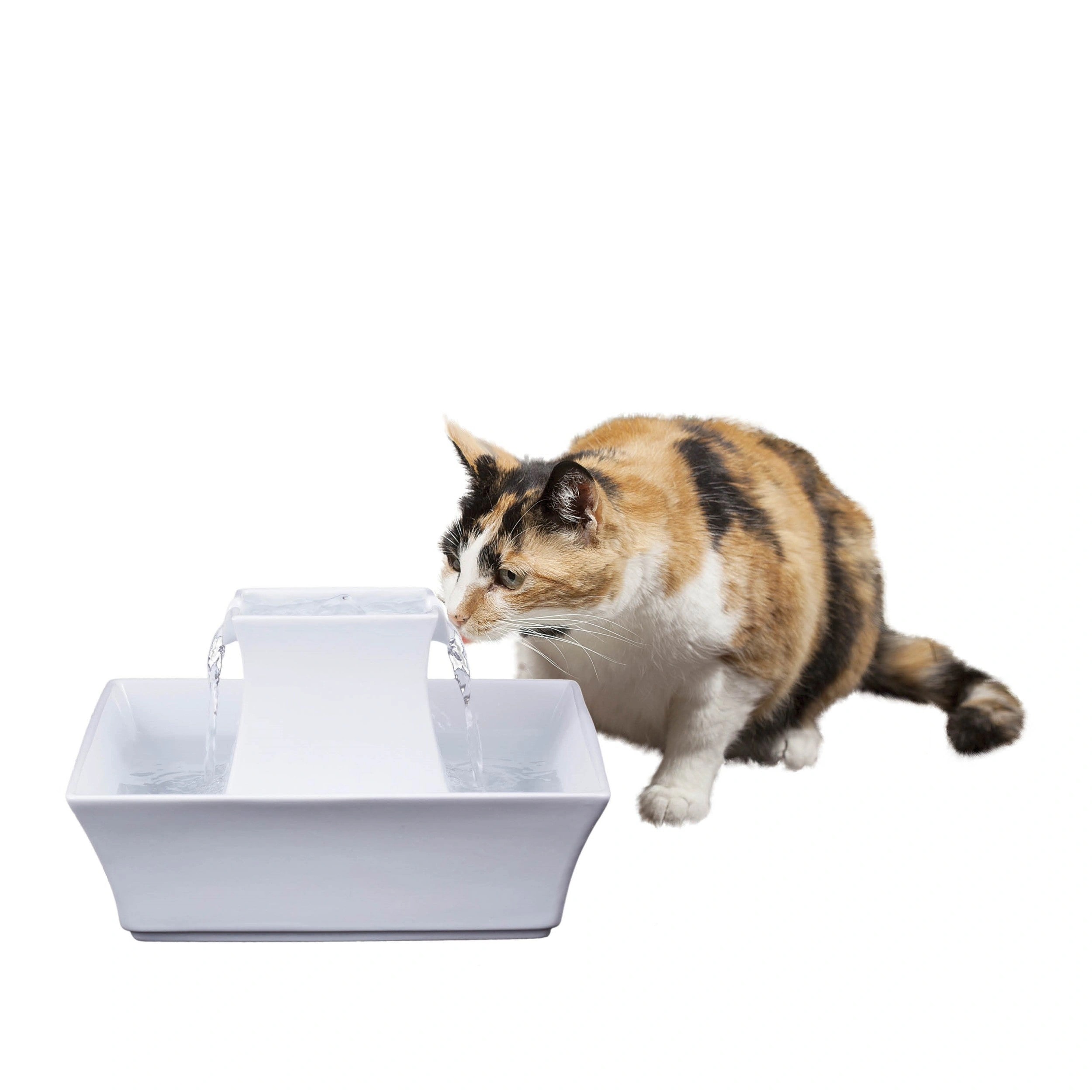 White PetSafe Drinkwell Pagoda ceramic fountain with a cat beside the raised tower and lower bowl.