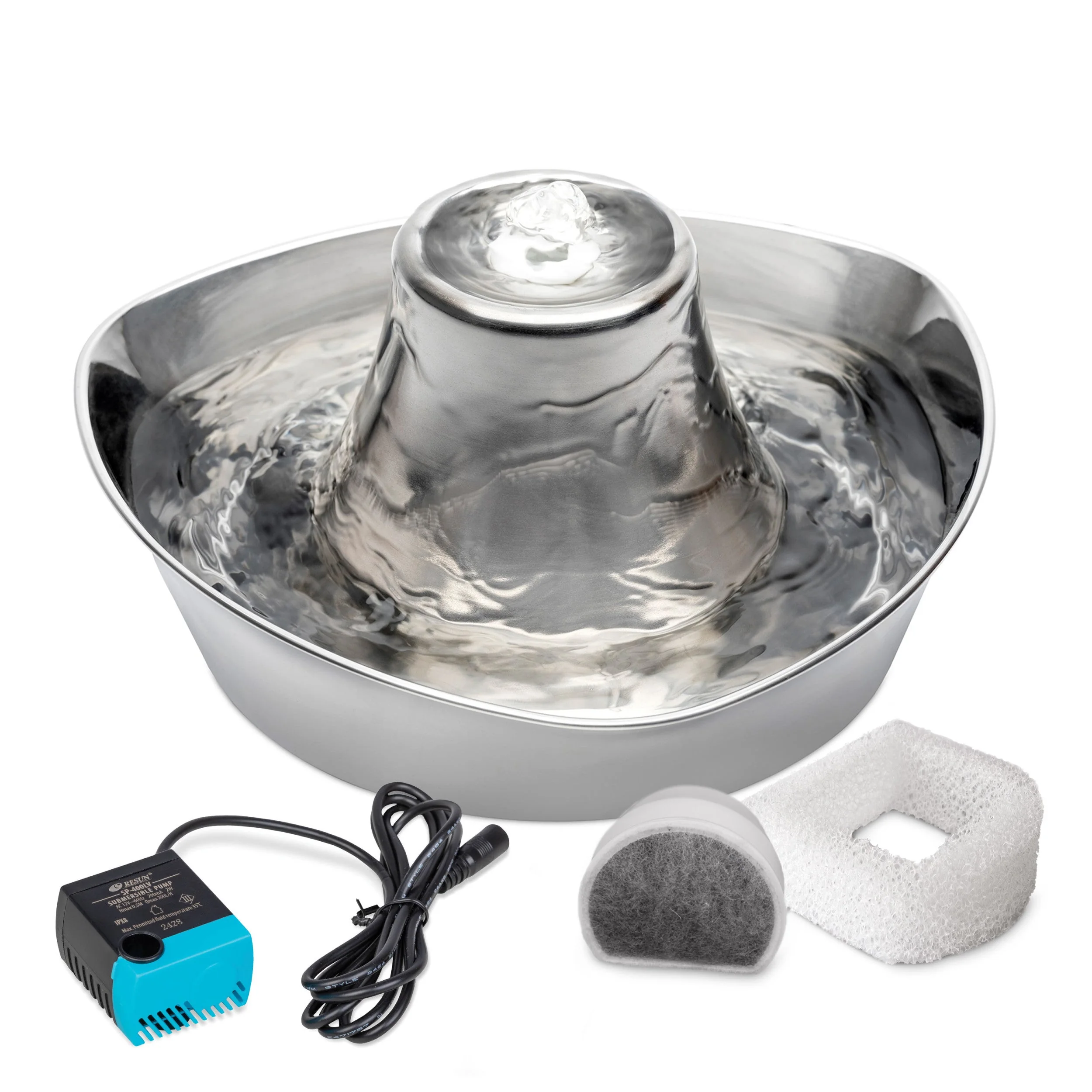PetSafe Seaside Stainless 60 oz fountain shown with pump and filters