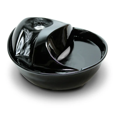 Pioneer Pet Raindrop ceramic drinking fountain #6022 in black, with arched outlet and front bowl